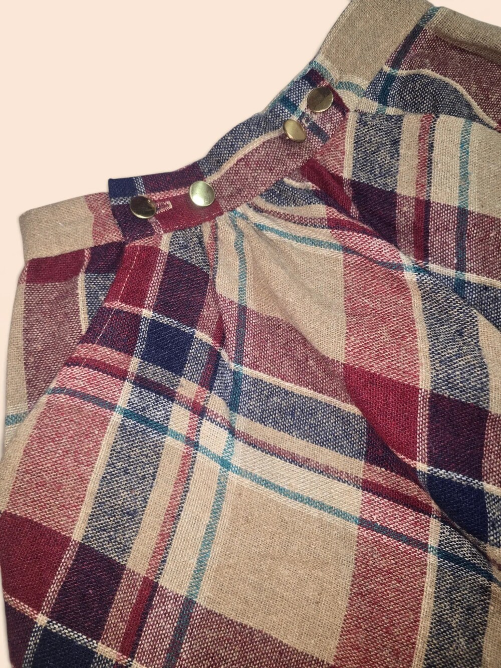 Vintage 70s 80s Bias Plaid Wool Blend High Waist Skirt Gold Button Tan Maroon 24 - Picture 2 of 4